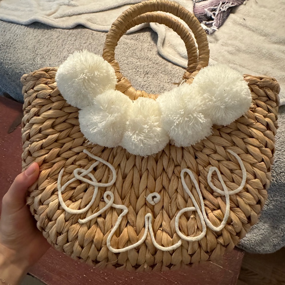 Handcrafted Bride Straw Bag with White Accents